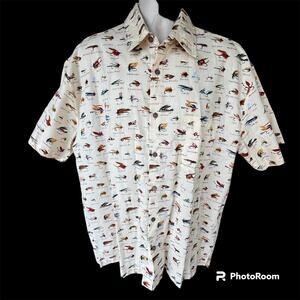 High Seas Trading Co Fly Fishing Short Sleeve Button Front Cotton Shirt Mens L